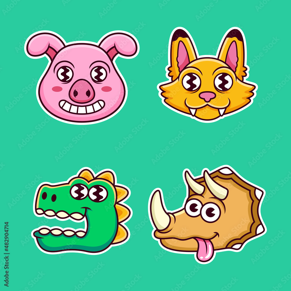 Fototapeta premium Sticker pack of funny animal face character. Vector illustration of pig, cat and dinosaurs face. Isolated on premium vector