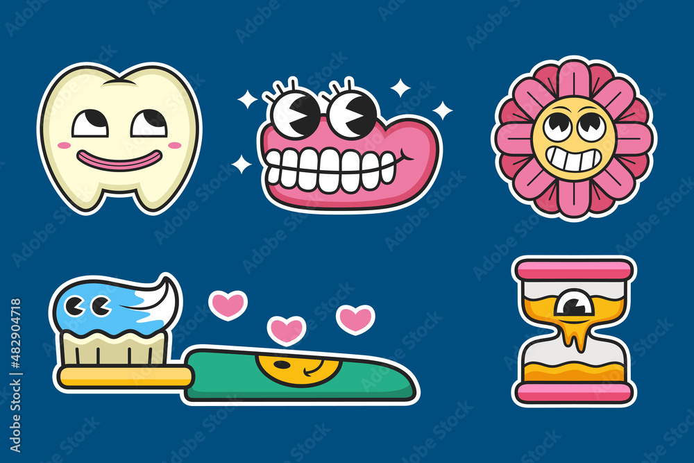 Sticker pack of funny cartoon character. Vector illustration of tooth, gum, flower etc. Isolated on premium vector Sticker pack of funny cartoon character. Vector illustration of tooth, gum, flower etc. Isolated on premium vector
