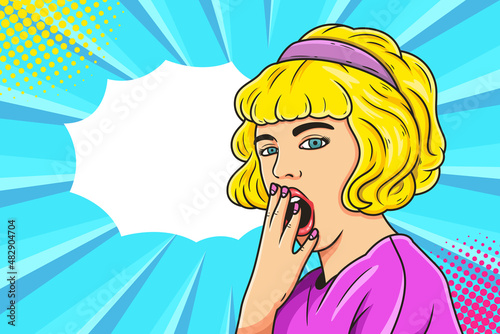 Sleepy young woman pop art. Advertising poster or announcement poster with open mouth and funny face in comic style