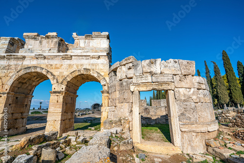 Scenic view of Hierapolis, was an ancient Greek city on hot springs in classical Phrygia,its ruins are adjacent to modern Pamukkale in Turkey and currently comprise an archaeological museum.