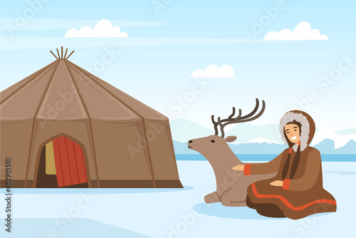 Eskimo Indigenous Woman with Deer Sitting Near Hut Vector Illustration