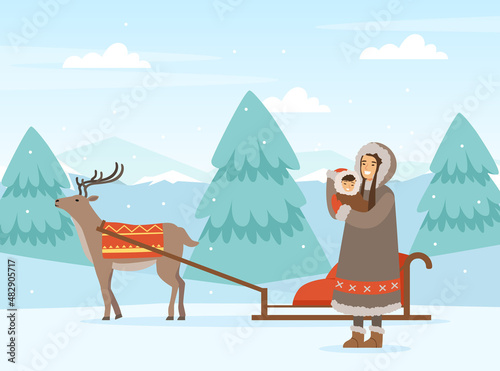Eskimo Indigenous Woman with Kid Near Deer and Sledge Vector Illustration