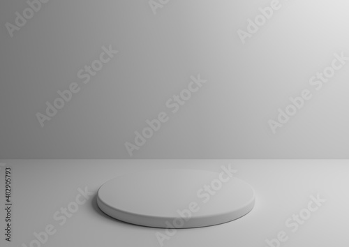 Monochrome podium for product advertising and marketing. Minimal white 3D studio composition with geometric shapes and round stand © Little River
