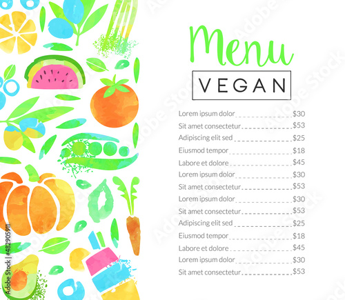 Summer Vegan Design with Raw Fruit and Vegetable Menu Card Vector Template