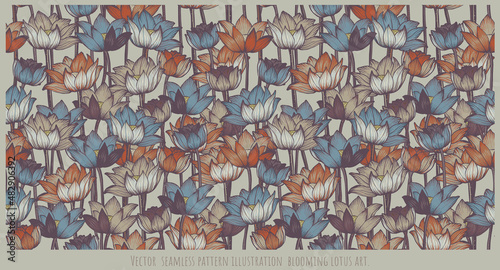 Seamless pattern illustration  blooming lotus art.