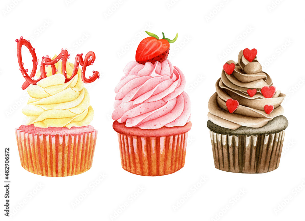 Collection of sweet cupcakes for Valentine Day party. Set of colorful watercolor illustrations of cakes decorated with strawberry, cream and sugar.