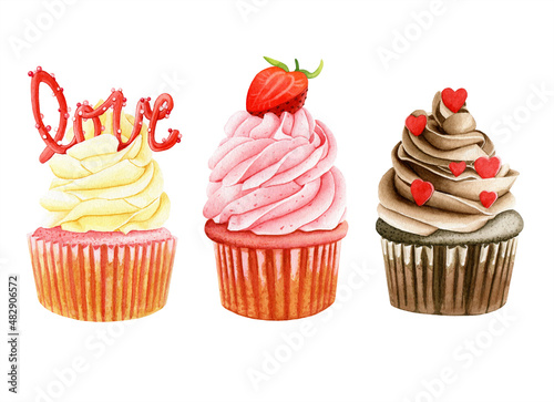 Collection of sweet cupcakes for Valentine Day party. Set of colorful watercolor illustrations of cakes decorated with strawberry, cream and sugar.