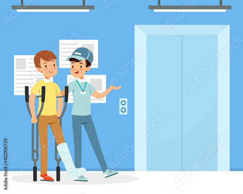Man Volunteer Leading Disabled Guy with Crutches Vector Illustration