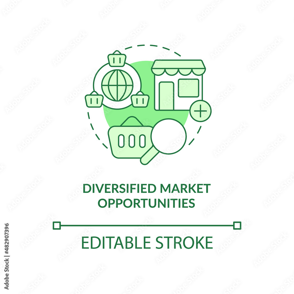 Diversified market opportunities green concept icon. Export business advantages abstract idea thin line illustration. Isolated outline drawing. Editable stroke. Arial, Myriad Pro-Bold fonts used
