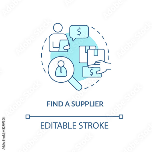 Find supplier turquoise concept icon. Manufacturer, distributor. Export business abstract idea thin line illustration. Isolated outline drawing. Editable stroke. Arial, Myriad Pro-Bold fonts used