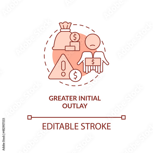 Greater initial outlay red concept icon. Higher expenses. Export business struggles abstract idea thin line illustration. Isolated outline drawing. Editable stroke. Arial, Myriad Pro-Bold fonts used
