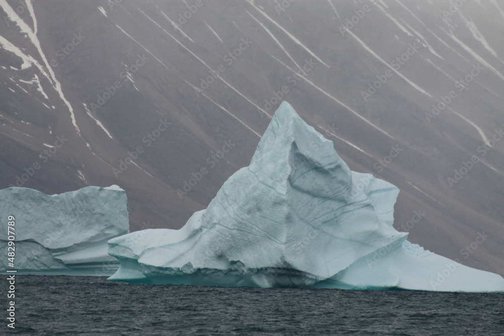 duża spiczasta góra lodowa na morzu u wybrzeży grenlandii w pochmurny dzień - obrazy, fototapety, plakaty 