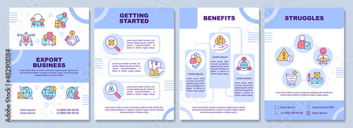 Trading abroad brochure template. Exporting business Leaflet design with linear icons. 4 vector layouts for presentation, annual reports. Arial-Black, Myriad Pro-Regular fonts used