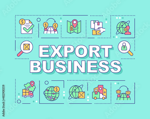 Export business word concepts blue banner. International products distribution. Infographics with icons on color background. Isolated typography. Vector illustration with text. Arial-Black font used