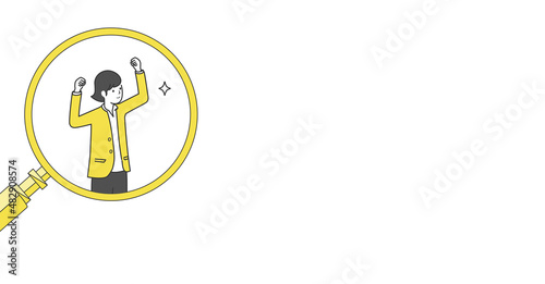 虫眼鏡と喜ぶ女性のイラスト、右にコピースペース、白背景、ベクター