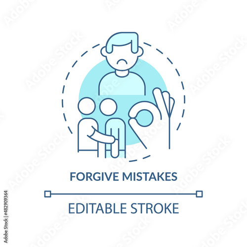 Forgive mistakes turquoise concept icon. Overcoming anxious thoughts abstract idea thin line illustration. Embrace failure. Isolated outline drawing. Editable stroke. Arial, Myriad Pro-Bold fonts used