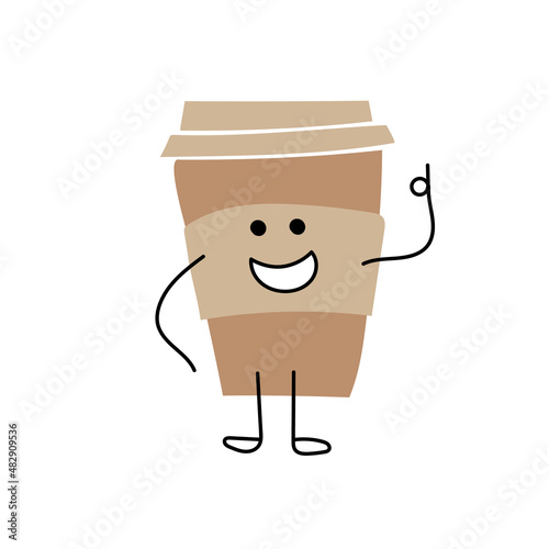 Cartoon coffee cup showing ok sign. Take away coffee. Happy cup of coffee. Vector flat cartoon illustration on white