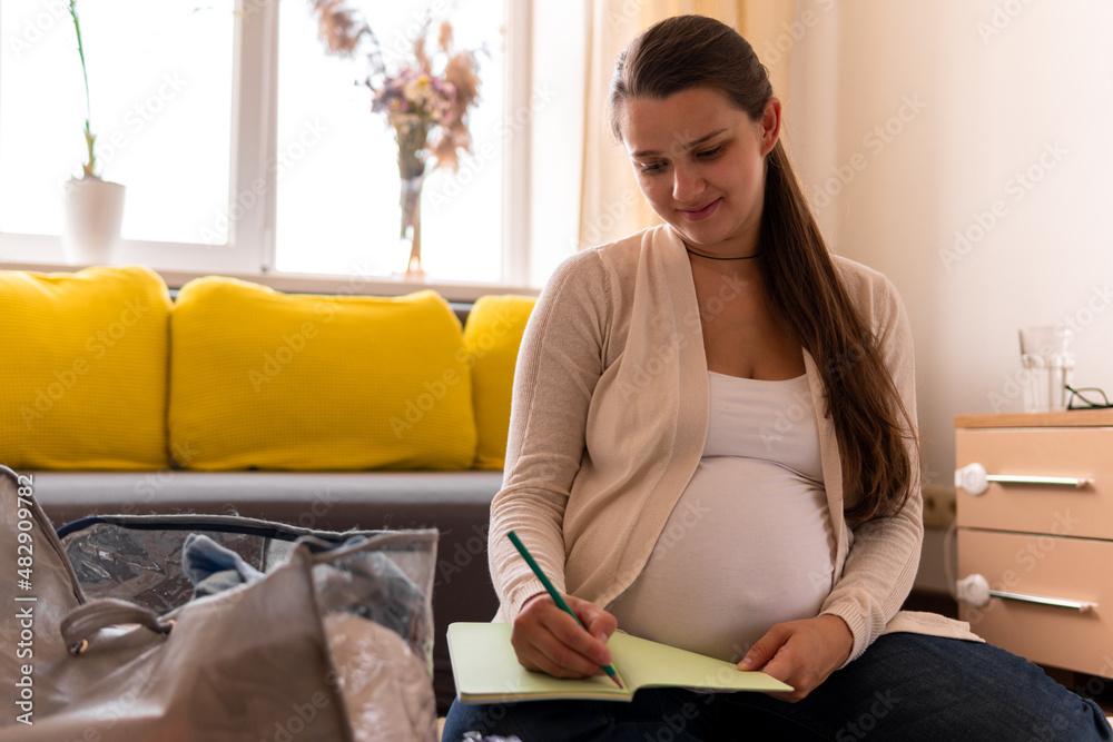Cute Pregnant Woman Writing Packing List For Maternity Hospital Notebook Prepares Bag. Young Ledy In Pregnancy Have Fun Spend Time On Floor Near Sofa At Home. Motherhood, Medicine Health Care Concept Cute Pregnant Woman Writing Packing List For Maternity Hospital Notebook Prepares Bag. Young Ledy In Pregnancy Have Fun Spend Time On Floor Near Sofa At Home. Motherhood, Medicine Health Care Concept