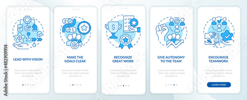 Improving employee wellness blue onboarding mobile app screen. Walkthrough 5 steps graphic instructions pages with linear concepts. UI, UX, GUI template. Myriad Pro-Bold, Regular fonts used