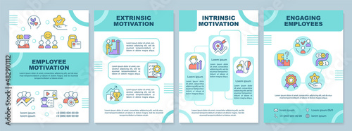 Employee motivation types mint brochure template. Engaging workers. Leaflet design with linear icons. 4 vector layouts for presentation, annual reports. Arial-Black, Myriad Pro-Regular fonts used