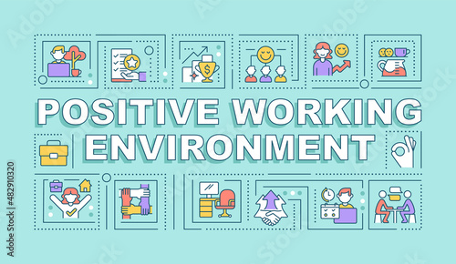 Positive working environment word concepts mint banner. Boosting performance. Infographics with icons on color background. Isolated typography. Vector illustration with text. Arial-Black font used