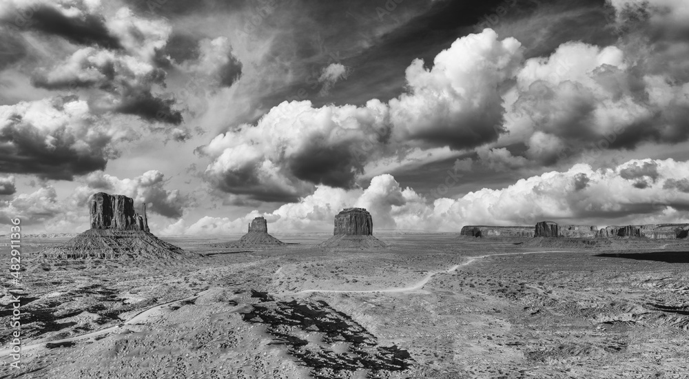 Black and white sunset over Monument Valley, a region of the Colorado Plateau between Arizona and Utah - USA