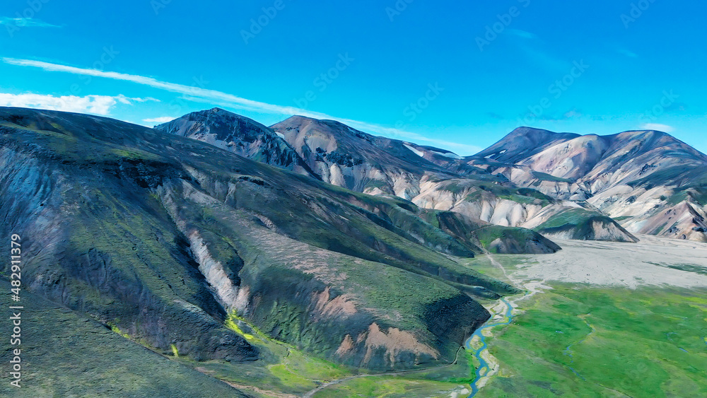 Famous Icelandic landscape in highlands, Landmannalaugar area - Iceland. Green lava fields and mountains on the background, aerial view from drone Famous Icelandic landscape in highlands, Landmannalaugar area - Iceland. Green lava fields and mountains on the background, aerial view from drone