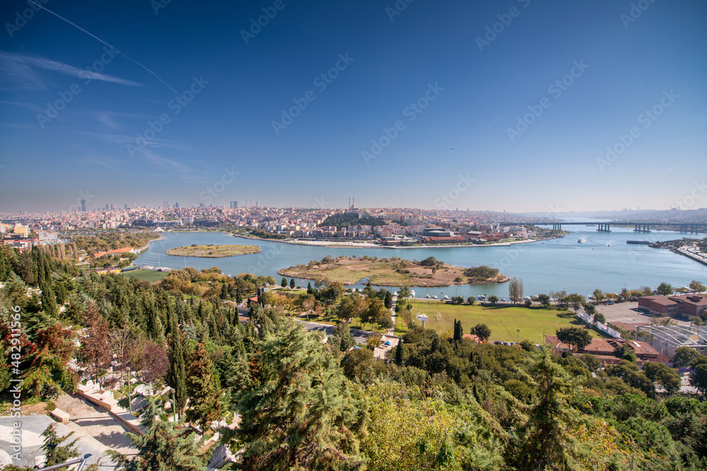 Panoramic aerial view of Istanbul cityscape and Golden Horn river.