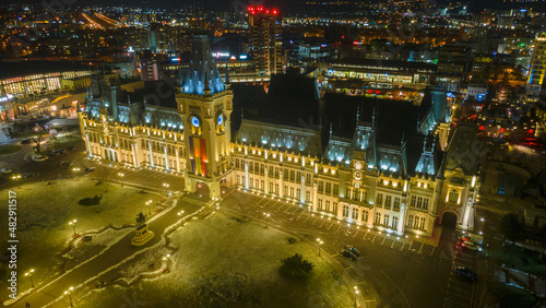 Aerial photography of the Cultural Palace in Iasi city center  Romania. Photography was shot from a drone in winter season at night from the right side of the palace.