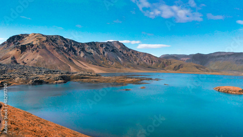 Lake and mountains of Landmannalaugar landscape in summer season, aerial view - Iceland - Europe