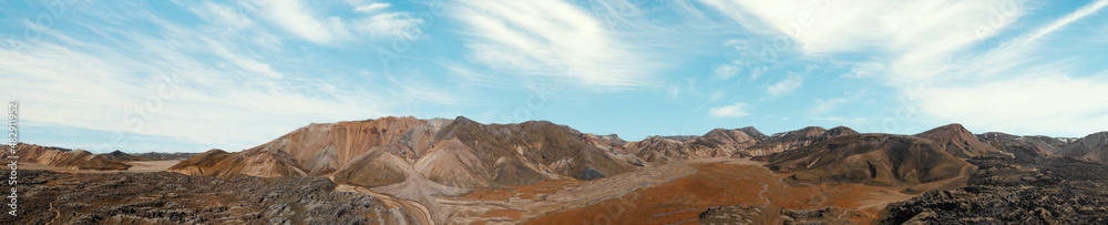 Panoramic aerial view of Landmannalaugar landscape at summer sunset, Iceland.