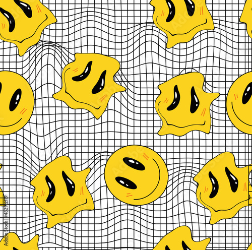 Seamless yellow distorted melting smiley face illustration pattern for fabric, wallpaper or wrapping paper. Vector illustration