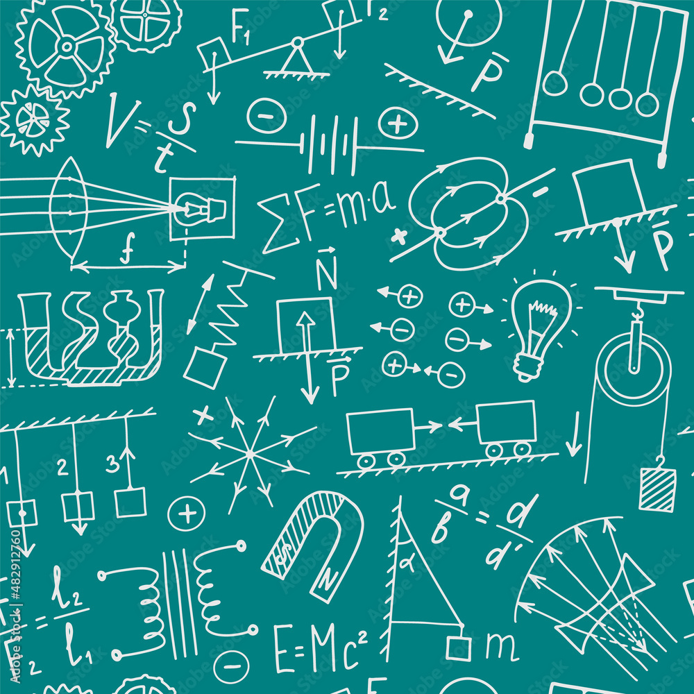 Phisics symbols doodle seamless pattern. Science subject cover template design. Education study concept. Back to school sketchy background for notebook, not pad, sketchbook. Hand drawn illustration. Phisics symbols doodle seamless pattern. Science subject cover template design. Education study concept. Back to school sketchy background for notebook, not pad, sketchbook. Hand drawn illustration.