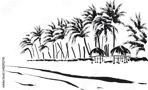 A beach holiday scenery, panoramic beach view. Relaxed atmosphere, beach, palm trees, bungalows. Minimalistic black and white vector image for postcards, web-sites, t-shirts