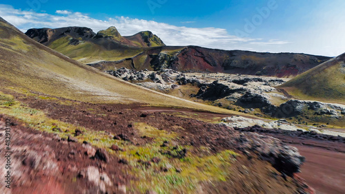 Road across the mountains of Landmannalaugar, Iceland in summer season from drone - Europe