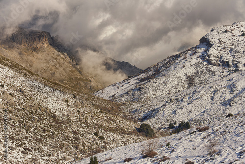 Snowy and mountainous landscape of the Sierra de las Nieves national park in Malaga. Spain