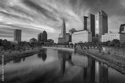 Downtown Columbus Ohio skyline in black and white