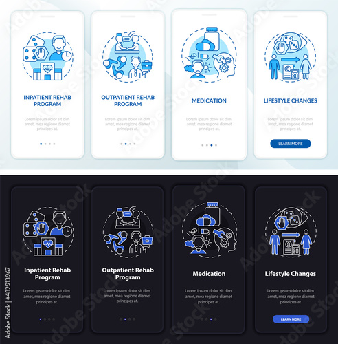 Gambling addiction night and day mode onboarding mobile app screen. Rehab walkthrough 4 steps graphic instructions pages with linear concepts. UI, UX, GUI template. Myriad Pro-Bold, Regular fonts used