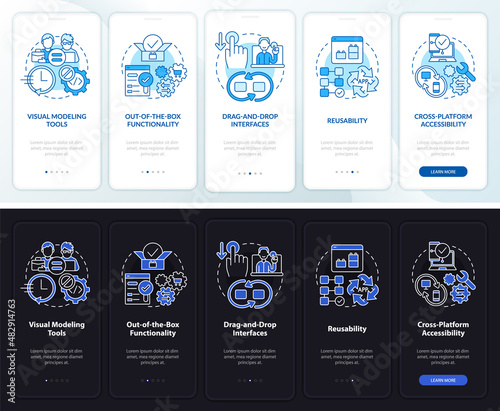 Low code night and day mode onboarding mobile app screen. Web 3 0 walkthrough 5 steps graphic instructions pages with linear concepts. UI, UX, GUI template. Myriad Pro-Bold, Regular fonts used