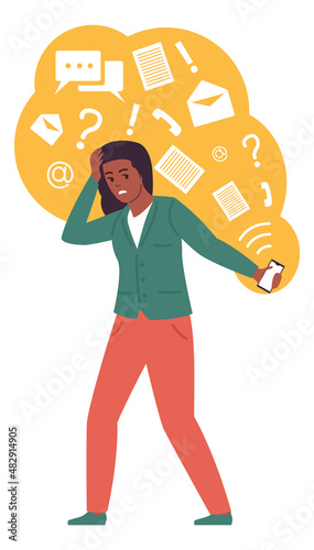 Information overload. Woman stressing from data flowing from smartphone screen