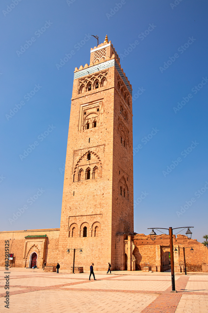 Minaret of the Koutoubia Mosque in the Medina quarter of Marrakesh, Morocco