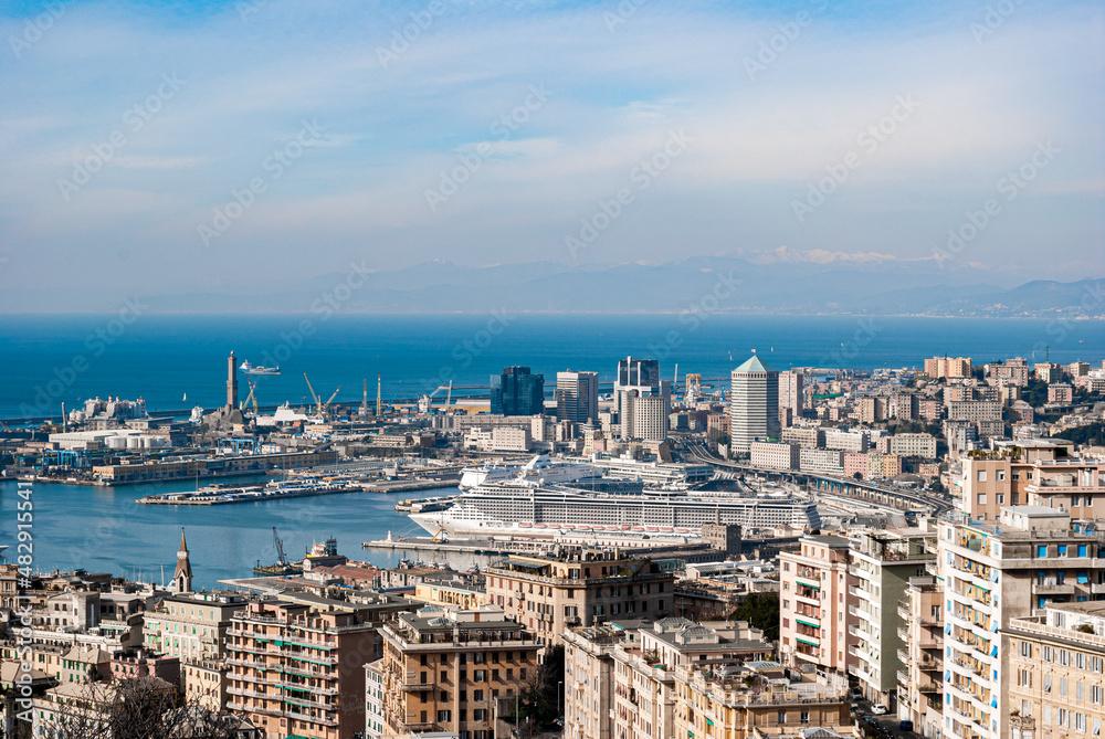 Panoramic view of Genoa with characteristic Lanterna lighthouse