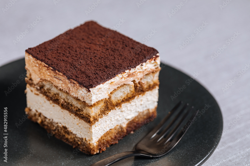 Tiramisu cake dessert served with coffee, biscuit and cocoa as ingredients on a bright white background. One piece Tiramisu cake dessert served with coffee, biscuit and cocoa as ingredients on a bright white background. One piece