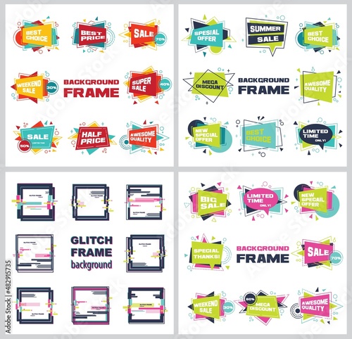 Set of colorful abstract chat label. Vector discount, advertising and promotion banners