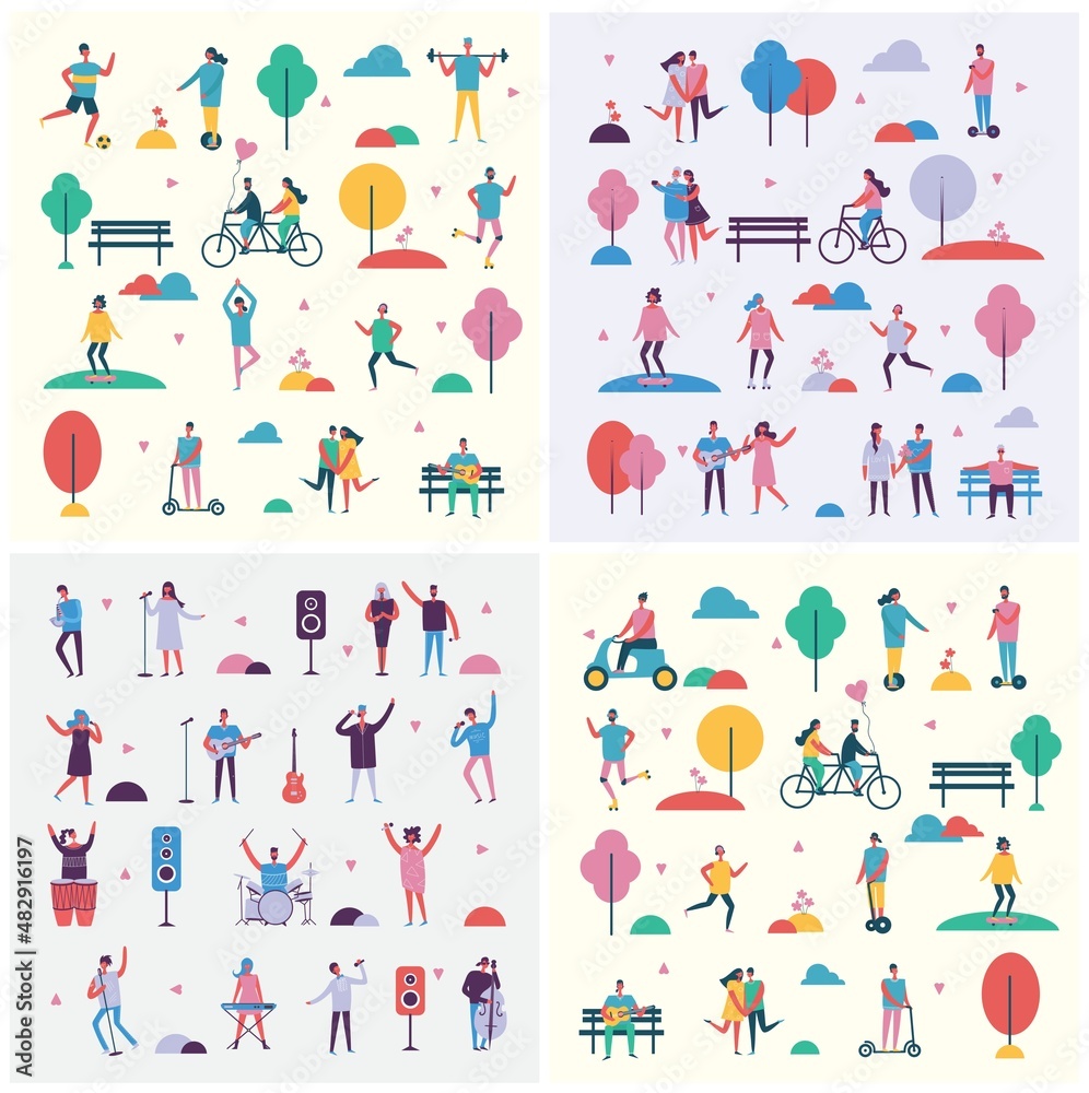 People in park icons collection, trees and benches lantern illuminating light, couples having fun walking, playing tennis vector illustration