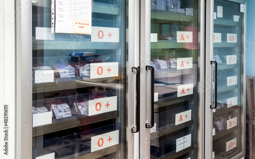 Refrigerated cabinet with stocks of blood bags in the hospital