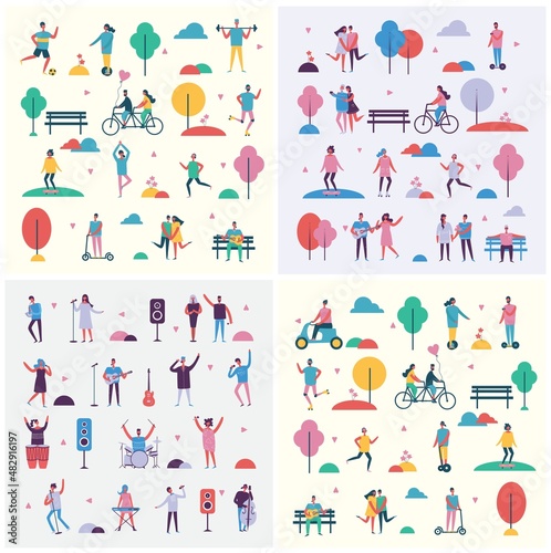 People in park icons collection, trees and benches lantern illuminating light, couples having fun walking, playing tennis vector illustration