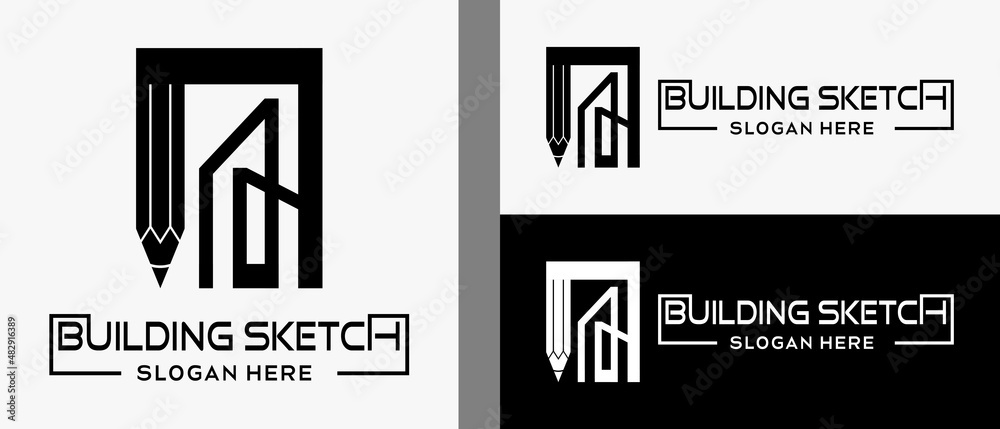 pencil logo design template with building in black and white line art concept. premium vector building or building designer logo illustration pencil logo design template with building in black and white line art concept. premium vector building or building designer logo illustration