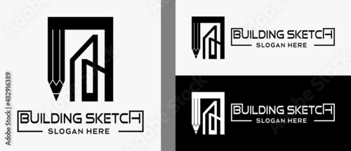 pencil logo design template with building in black and white line art concept. premium vector building or building designer logo illustration
