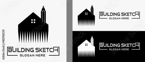 pencil logo design template with house icon in creative concept. premium vector building or building designer logo illustration